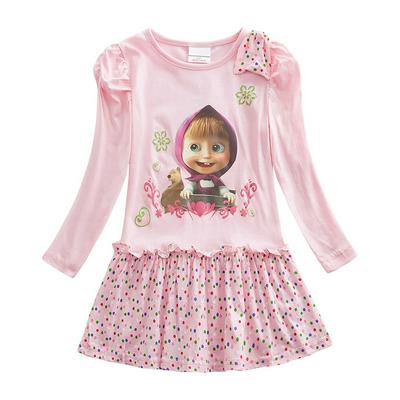 Cartoon Martha And The Bear Pattern Children Girl Cotton Print Long-Sleeve Wave Point Hem Dress Children Wear