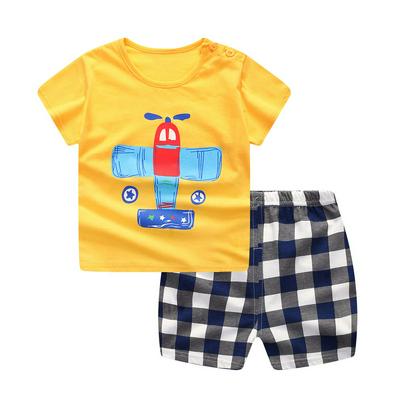 70-110cm Summer Boys Casual Cartoon Aircraft Pattern Pure Cotton Short Sleeve T-Shirt + Plaid Shorts Children Wear Two-Piece Set