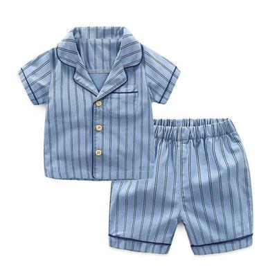 90-130cm Stripe Pattern Summer Children Boy Comfortable Pure Cotton Lapel Buttons Short-Sleeved Top + Shorts Pajamas Set Home Clothes