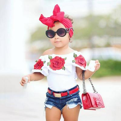 80-120cm Summer Baby Girls 3D Flower Print Sleeveless Ruffle Round Neck Pullover T-Shirts Children Wear 