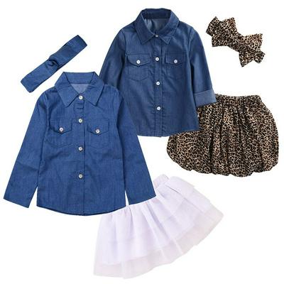 80-120cm Spring Autumn Stylish Baby Girls Long Sleeve Denim Shirt Top + Mesh Tutu Skirts + Headband 3pcs Children Clothing Set 