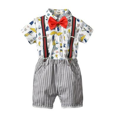 90-130cm Gentleman Style Children Baby Boys Print Short Sleeves Button T-Shirt + Bow Tie + Strap + Shorts Children Wear Four Pieces Set