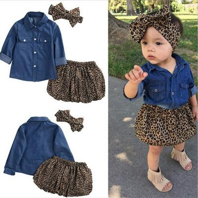 80-120cm Cute Baby Girls Summer Autumn Lapel Buttons Long Sleeve Denim Tops + Leopard Culotte Skirt + Headband Children Girls 3-Piece Set 