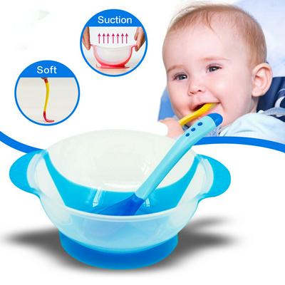 3pcs Anti-Drop Candy Color Children Baby Learning Assist Food Suction Bowl With Fork Temperature Sensing Spoon Tableware Set