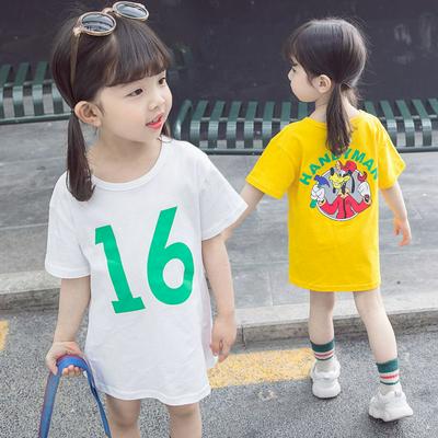80-130cm Digital Pattern Children Girls Summer Stylish Pure Cotton Medium Long Style O-Neck Short Sleeves T-Shirt Children Wear