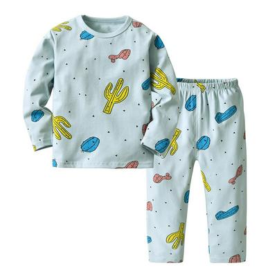 100-130cm Occident Simple Comfortable Print Cactus Pattern Stuffed Sanding Cotton Long-Sleeved Top + Pants Pajamas Sets Home Clothes for Children