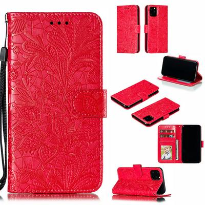 Wallet Case for iPhone 11 Pro, Flower-embroidered Leather Phone Case with Lanyard and Magnetic Closure