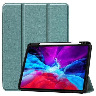 Cloth Pattern Tri-Fold Folding Auto Sleep Wake Function PU Leather + Soft TPU with Pen Slot inside Stand Protective Case for iPad Pro 12.9 (2020)
