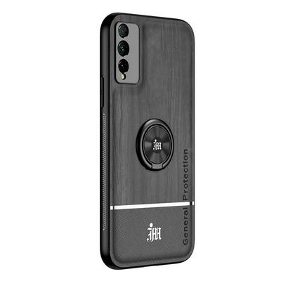 Ultra-thin Bionic Wood Grain Anti-fall Hard PC+ Soft Frame Back Cover Phone Case with Ring Buckle Bracket for HUAWEI Honor Play 4T Pro