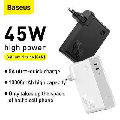 BASEUS Energy Stack (GaN) Mobile Power Adapter C+C 10000mAh 45W European Standard(Including Storage Bag + Xiaobai Series Fast Charging Data Cable Type-C to Type-C 60W (20V/3A) 1m Black)