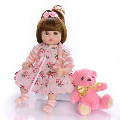 18inch/46cm Lifelike Baby Doll in Floral Pleated Dress True to Life Toddler Doll with Straight Bangs