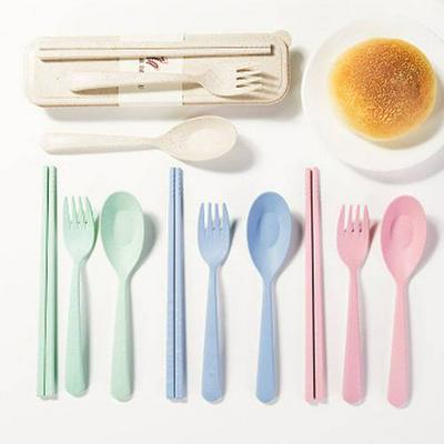3pcs/set Portable Spoon Fork Chopsticks Wheat Straw Portable Reusable Travel Cutlery Dinnerware Set 