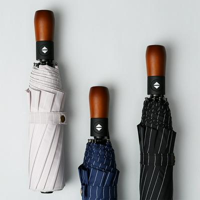 Big Size 10 Backbone Branch One Hand Full Automaticlly Open Windproof Twice Folding Umbrella Solid Wood Handle 