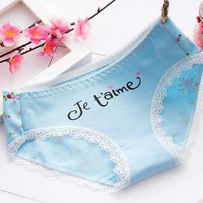 One-Size Girl Style Soft Comfortable Floral Printed Lace Edge All Cotton Middle Waist Underpants for Women 
