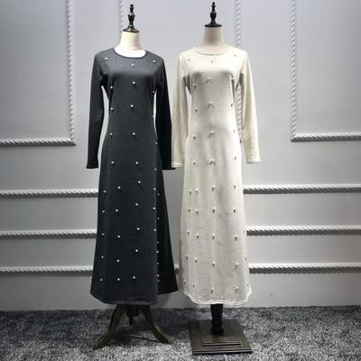 M-2XL Code LR90 Casual Beaded Cotton O-Neck Long-Sleeve Muslim Abaya Maxi Dress Long Robe Gowns Jubah Ramadan Arab Dubai Caftan Islamic Prayer Clothing