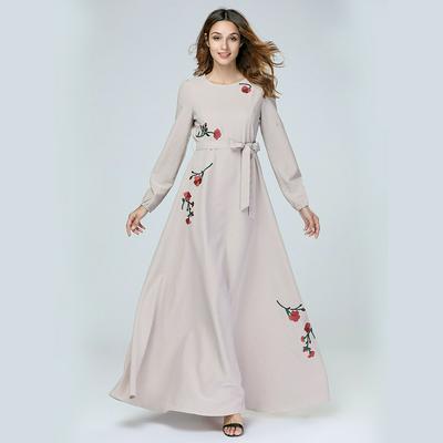 M-3XL Size Elegant Embroidery Long-Sleeve Large Swing Maxi Abaya Full Dress Loose Robe Gowns Muslim Middle East Islamic Clothing with Belt