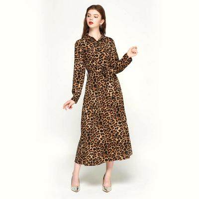 Women Leopard Print Ankle Length Dress Bow Tie Sashes Long Sleeve 