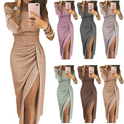 Spring Dress Women Sexy Club Shiny Slit Push Up Slash Neck Party Translucent Long Vestidos  