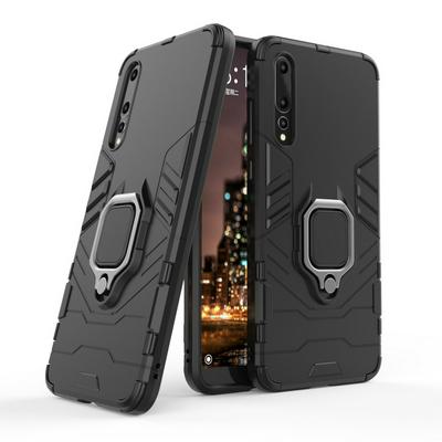 Black Leopard Series Armor 2 in 1 Detachable with Finger Ring Bracket Viewing Stand Support Hard PC + Soft TPU Hybrid Back Cover Case for Huawei P20 Pro 