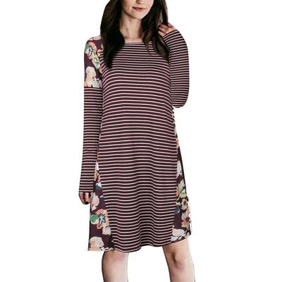 Women Skirt Stitching Striped Long-sleeved Dress