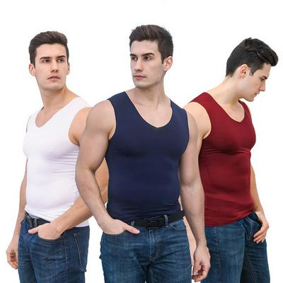 Men's Scoop Neck Tank Top Ice Silk Red Marks Free Sports Sleeveless Shirt - White, Navy Blue, Wine Red