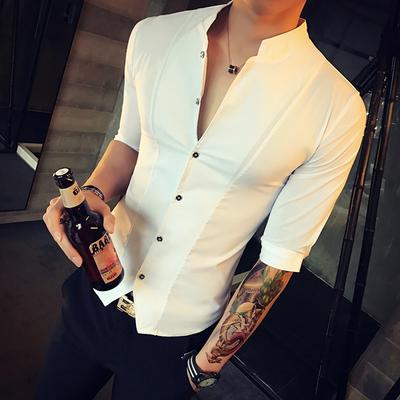 Chinese Style Shirt Men Slim Fit Korea Clothing Men Half Sleeve Stand Collar Club Shirt