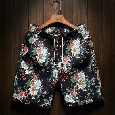 Men's Beach Shorts Fashionable Casual Linen Short Pants Straight Loose Fit Pants with Drawstring