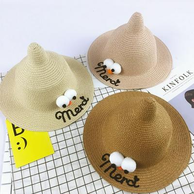 Cartoon Style Pointed Straw Hat Funny Eyeballs and Carrot-color Nose Sun Protection Hat for Chlidren
