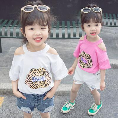 80-130cm Leopard Pattern Children Girls Summer Stylish Pure Cotton Strapless O-Neck Short Sleeves T-Shirt Children Wear
