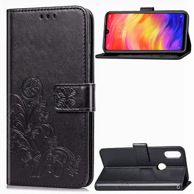 Embossed Four-Leaf Clover Pattern Shockproof Side Flip PU Leather + Soft TPU Card Slots with Wrist Strap Stand and Magnetic Buckle Wallet Protective Case for Xiaomi Redmi Note 7