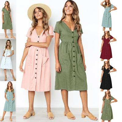 M/L/XL Size Women Fashion Summer Short Sleeve V-Neck Button Down Swing Midi Beach Dress with Pockets 