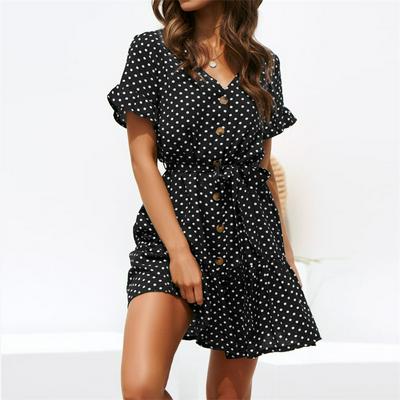 Flutter Chiffon Dress Short Sleeve Polka Dot Dress Boho Mini Party Dress Elegant V-neck Women Sundress  