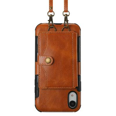 For iPhone XR 6.1 PU Leather Back Cover Case with Card Slots & Detachable Shoulder Strap