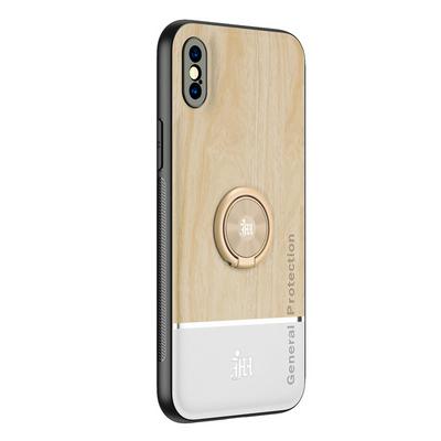 Ultra-thin Bionic Wood Grain Anti-fall Hard PC+ Soft Frame Back Cover Phone Case with Ring Buckle Bracket for iPhone X /XS