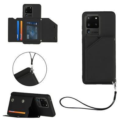 Skin Feel Card Slots Shockproof PU Leather Stand Wallet Phone Case with Hand Strap for Samsung Galaxy S20 Ultra(6.9)