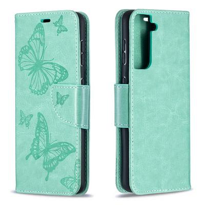 Embossed Two Butterflies Pattern Wrist Strap Style Shockproof Side Flip PU Leather + Soft TPU Card Slots with Magnetic Buckle and Stand Wallet Case for Samsung Galaxy S21 5G