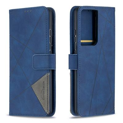 Stitching Color Rhombus Pattern BF05 Scratch Resistant PU Leather Wallet Phone Case with Stand &Card Slots for Samsung Galaxy S21 Ultra 5G