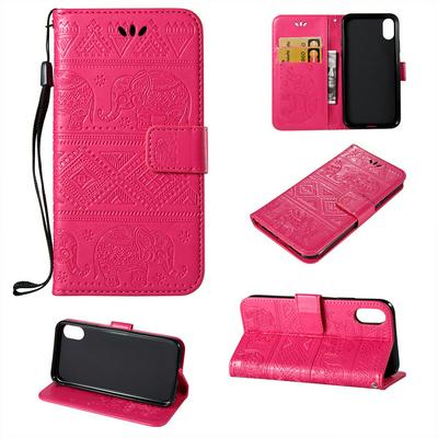Elephant Embossed Pattern Side Flip PU Leather + Soft TPU Card Slots with Wrist Strap and Stand Wallet Protective Case for iPhone X / XS