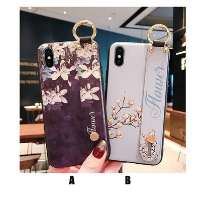 Blooming Lotus Pattern with Wrist Strap and Stand Support Anti-Scratch TPU Back Cover Case for iPhone XR 6.1