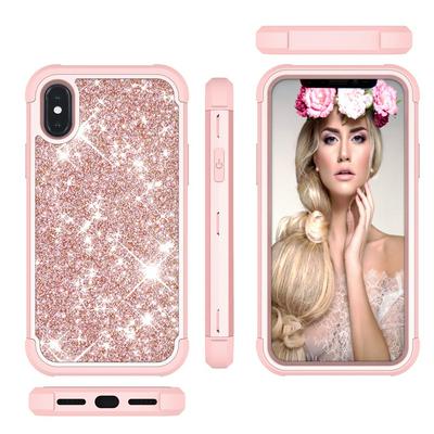 Glitter Powder 3 in 1 Shockproof Detachable Hard PC Back + Soft Silicone + Hard PC Bumper Frame Back Cover Protective Case for iPhone Xs Max 6.5