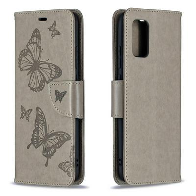 For Samsung Galaxy A02s Embossed Double Butterfly Case Flip Leather Wallet with Wrist Strap & Card Slots