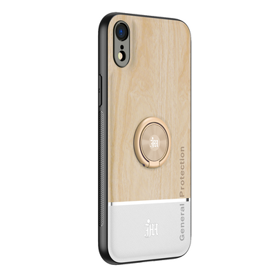 Ultra-thin Bionic Wood Grain Anti-fall Hard PC+ Soft Frame Back Cover Phone Case with Ring Buckle Bracket for iPhone XR 6.1