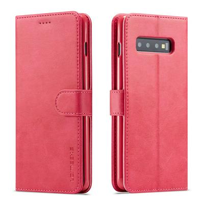 Magnetic Button Calf Pattern Shock-Absorption Side Flip PU Leather + Soft TPU Wallet Phone Case with Card Slot and Stand for Samsung Galaxy S10