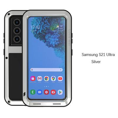 Love Mei Powerful Series Dust-Proof Shockproof Splash-Proof Silicone + Metal + Tempered Glass Support Wireless Charging Back Cover Case for Samsung Galaxy S21 Ultra 5G