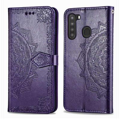 Relief Mandala Pattern Three Card Slots Series Side Flip PU Leather + Soft TPU with Magnetic Buckle and Stand Wallet Case for Samsung Galaxy A21 US Version
