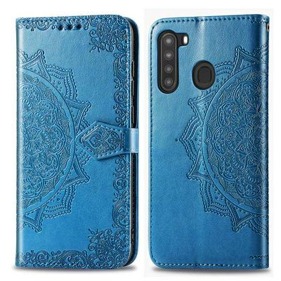Relief Mandala Pattern Three Card Slots Series Side Flip PU Leather + Soft TPU with Magnetic Buckle and Stand Wallet Case for Samsung Galaxy A21 US Version