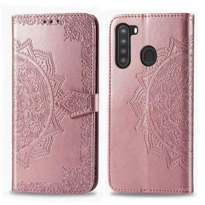 Relief Mandala Pattern Three Card Slots Series Side Flip PU Leather + Soft TPU with Magnetic Buckle and Stand Wallet Case for Samsung Galaxy A21 US Version