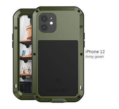 Love Mei Powerful Series Dust-Proof Shockproof Splash-Proof Silicone + Metal + Tempered Glass Support Wireless Charging Back Cover Case for iPhone 12 