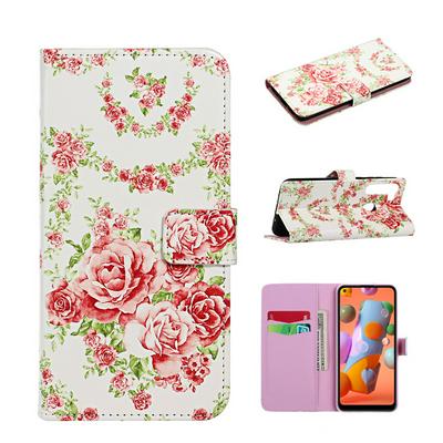 Color Painted Relief Pattern Side Flip Shockproof PU Leather Wallet Phone Protective Case with Stand and Card Slots for Samsung Galaxy A21
