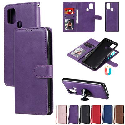 Solid Color Pattern Detachable 2-in-1 Strong Magnetic Side Flip Wallet Card Holster PU Leather +TPU Phone Case Support Car Bracket for Samsung Galaxy A21s